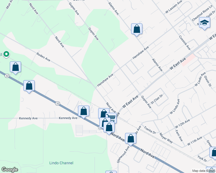 map of restaurants, bars, coffee shops, grocery stores, and more near 2655 Wesley Way in Chico