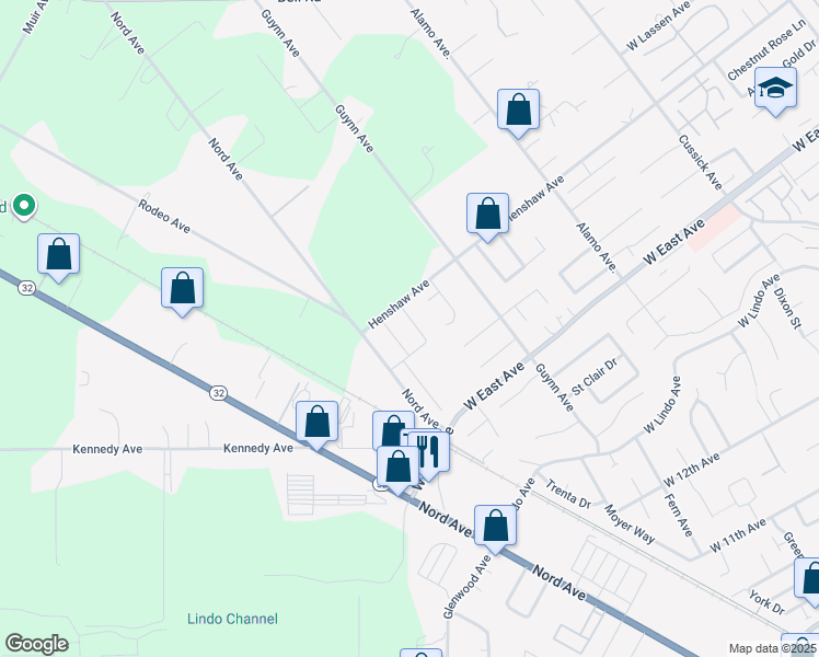 map of restaurants, bars, coffee shops, grocery stores, and more near 2636 Wesley Way in Chico