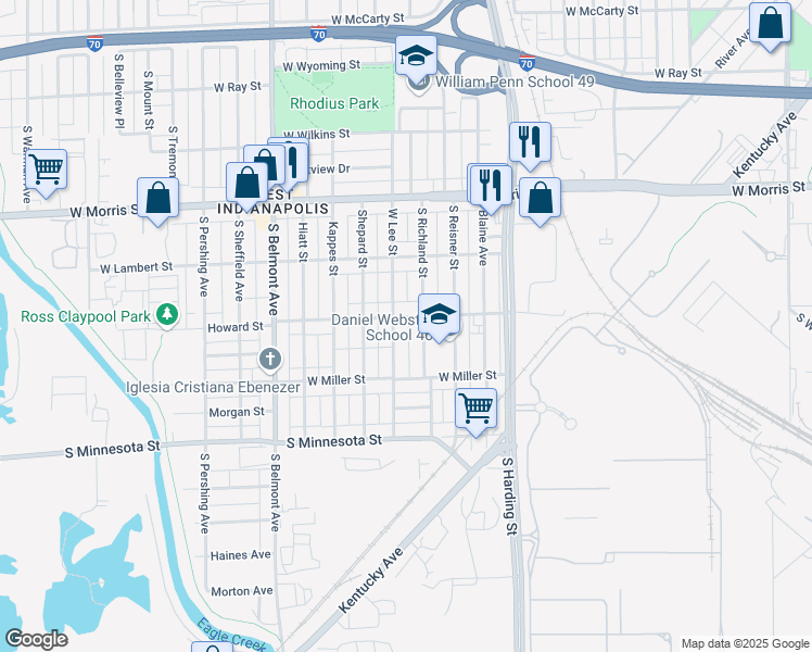 map of restaurants, bars, coffee shops, grocery stores, and more near 1753 Howard St in Indianapolis