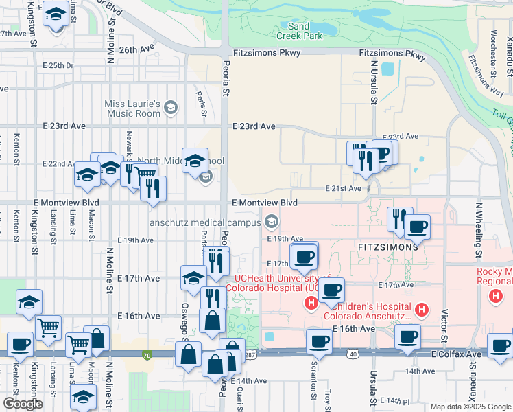 map of restaurants, bars, coffee shops, grocery stores, and more near 1959 North Quentin Street in Aurora