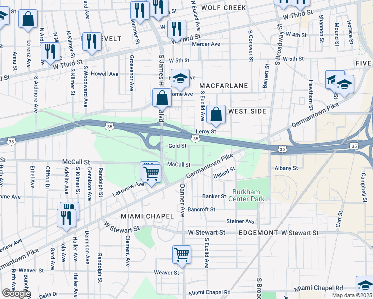 map of restaurants, bars, coffee shops, grocery stores, and more near 715 Delor Street in Dayton