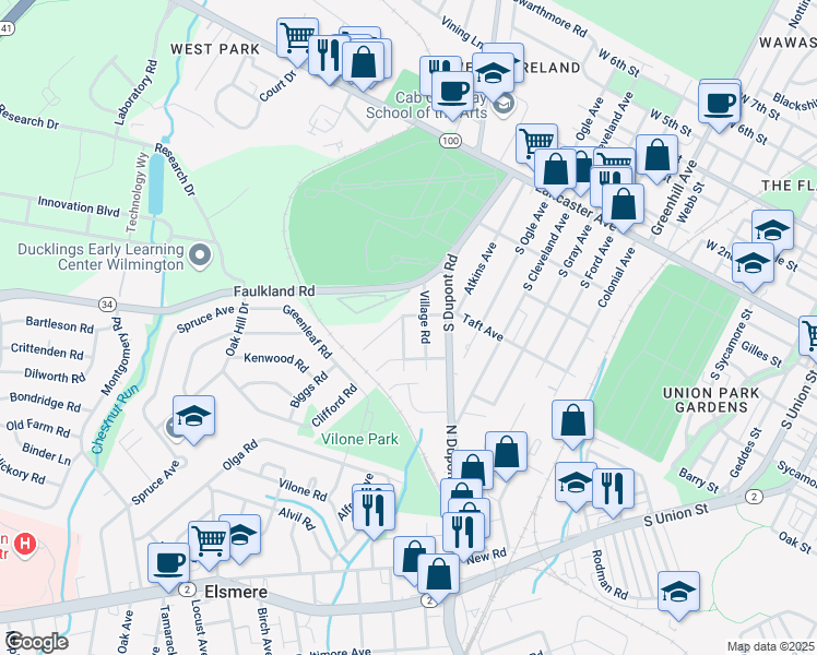 map of restaurants, bars, coffee shops, grocery stores, and more near 306 Tindall Road in Wilmington