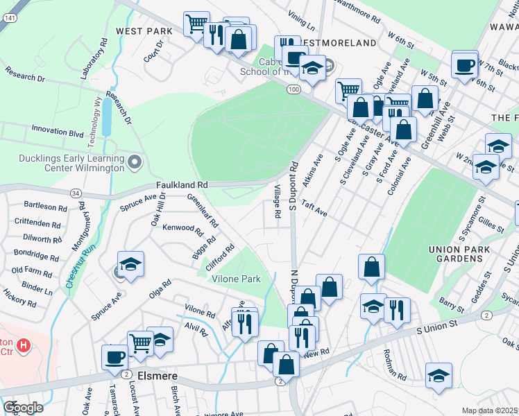 map of restaurants, bars, coffee shops, grocery stores, and more near in Wilmington