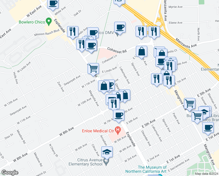 map of restaurants, bars, coffee shops, grocery stores, and more near 1934 Esplanade in Chico