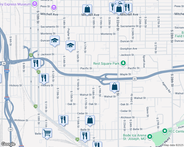 map of restaurants, bars, coffee shops, grocery stores, and more near 2120 South 18th Street in Saint Joseph
