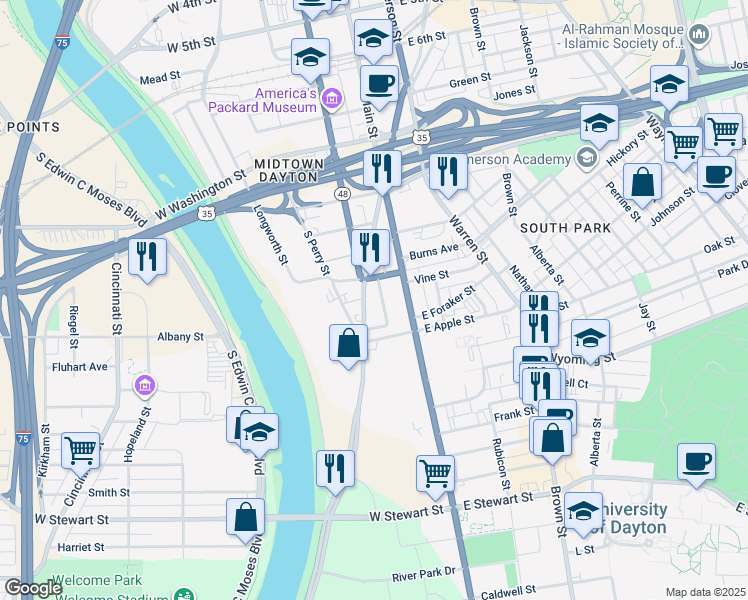 map of restaurants, bars, coffee shops, grocery stores, and more near 835 South Patterson Boulevard in Dayton