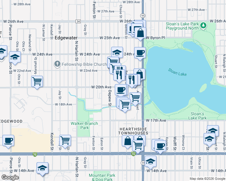 map of restaurants, bars, coffee shops, grocery stores, and more near 1990 Depew Street in Edgewater