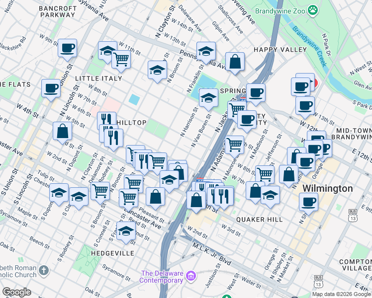 map of restaurants, bars, coffee shops, grocery stores, and more near 1102 West 7th Street in Wilmington