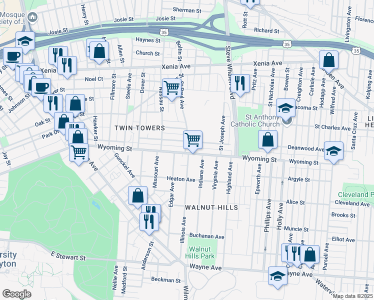 map of restaurants, bars, coffee shops, grocery stores, and more near 1327 Wyoming Street in Dayton