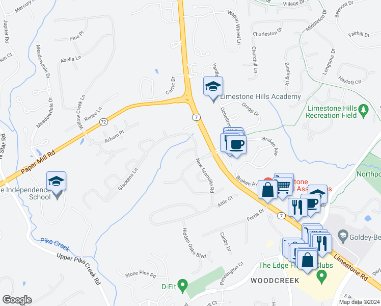 map of restaurants, bars, coffee shops, grocery stores, and more near 5 Addicks Court in Wilmington