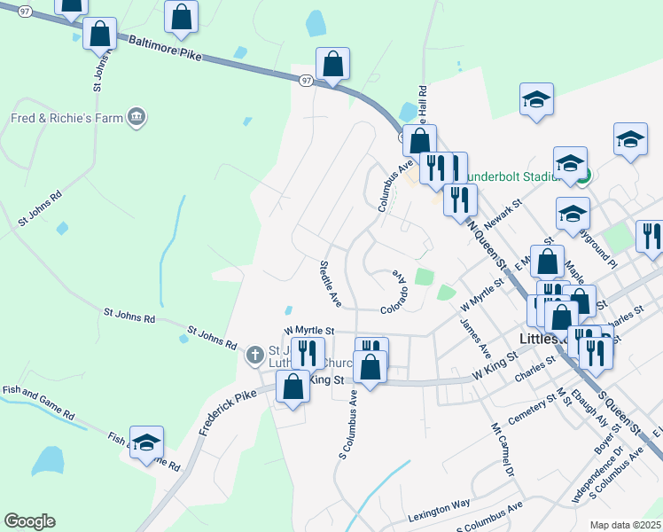 map of restaurants, bars, coffee shops, grocery stores, and more near 8 Stedtle Avenue in Littlestown