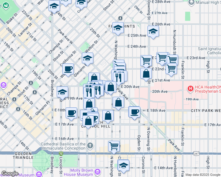 map of restaurants, bars, coffee shops, grocery stores, and more near 1985 North Washington Street in Denver
