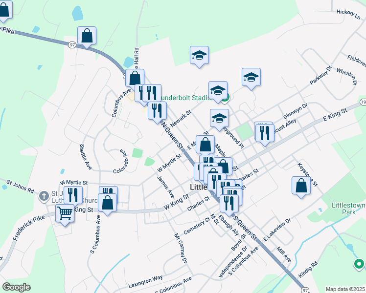 map of restaurants, bars, coffee shops, grocery stores, and more near 109 North Queen Street in Littlestown