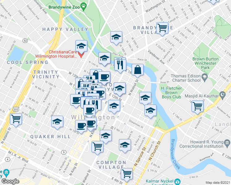 map of restaurants, bars, coffee shops, grocery stores, and more near 1201 North King Street in Wilmington