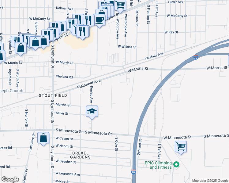 map of restaurants, bars, coffee shops, grocery stores, and more near 1401 Phillips Drive in Indianapolis