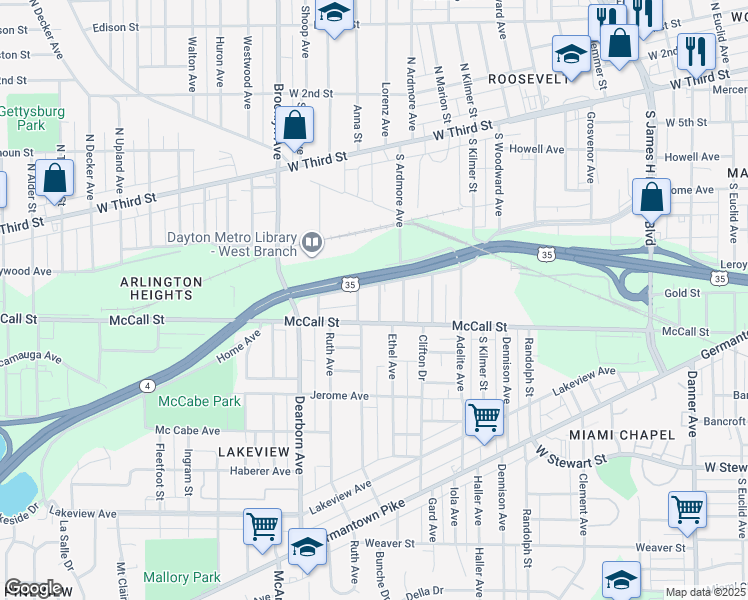 map of restaurants, bars, coffee shops, grocery stores, and more near 328 Ethel Avenue in Dayton