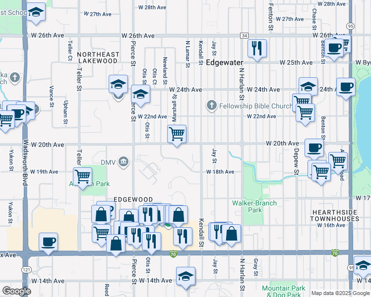map of restaurants, bars, coffee shops, grocery stores, and more near 6400 West 20th Avenue in Lakewood