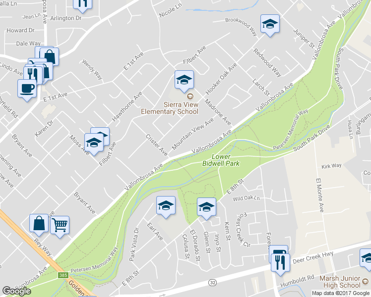 map of restaurants, bars, coffee shops, grocery stores, and more near 1470 Vallombrosa Avenue in Chico