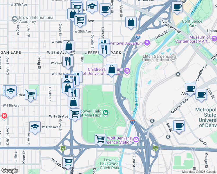 map of restaurants, bars, coffee shops, grocery stores, and more near 1975 Mile High Stadium Circle in Denver