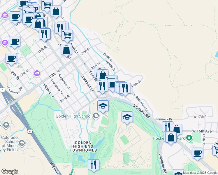 map of restaurants, bars, coffee shops, grocery stores, and more near 510 24th Street in Golden