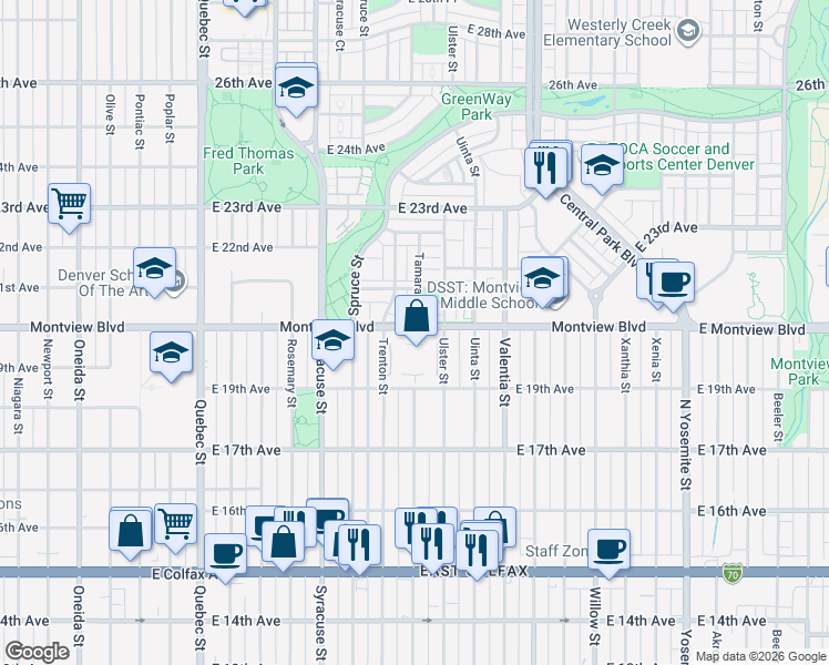 map of restaurants, bars, coffee shops, grocery stores, and more near 1955 Ulster Street in Denver