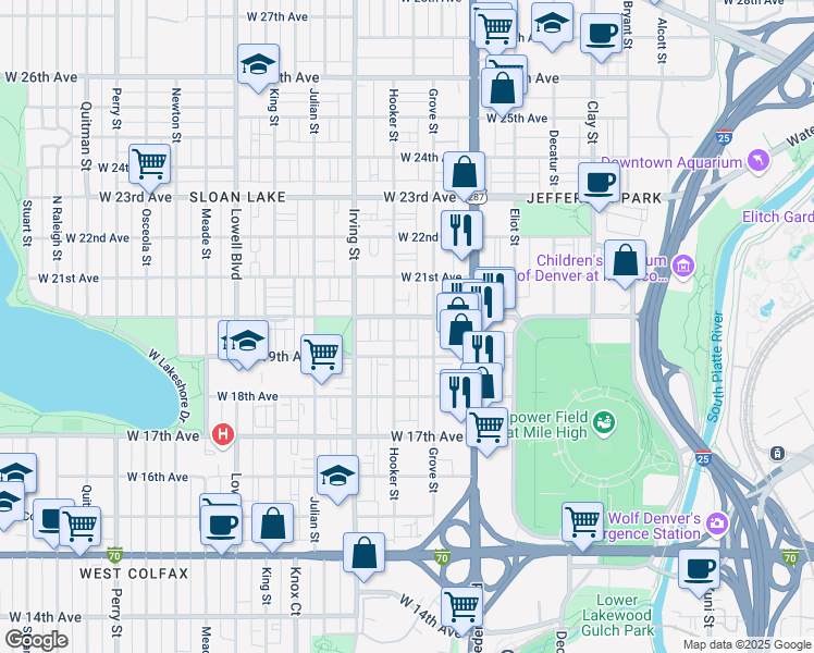 map of restaurants, bars, coffee shops, grocery stores, and more near 1915 Hooker Street in Denver