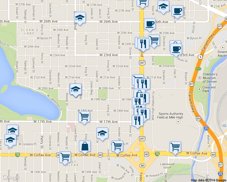 map of restaurants, bars, coffee shops, grocery stores, and more near 1915 Hooker Street in Denver