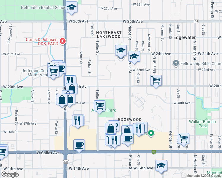 map of restaurants, bars, coffee shops, grocery stores, and more near 7020 West 20th Avenue in Lakewood