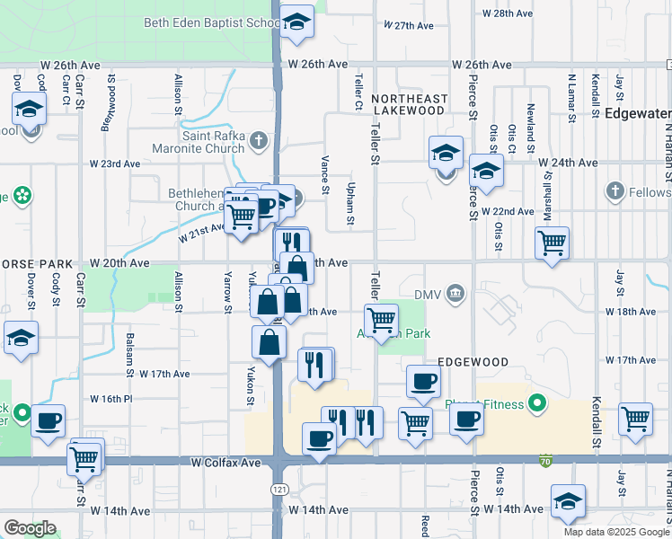 map of restaurants, bars, coffee shops, grocery stores, and more near 1951 Upham Street in Lakewood