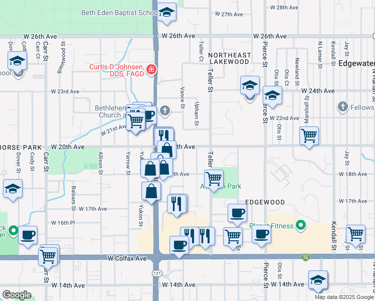 map of restaurants, bars, coffee shops, grocery stores, and more near 1951 Upham Street in Lakewood