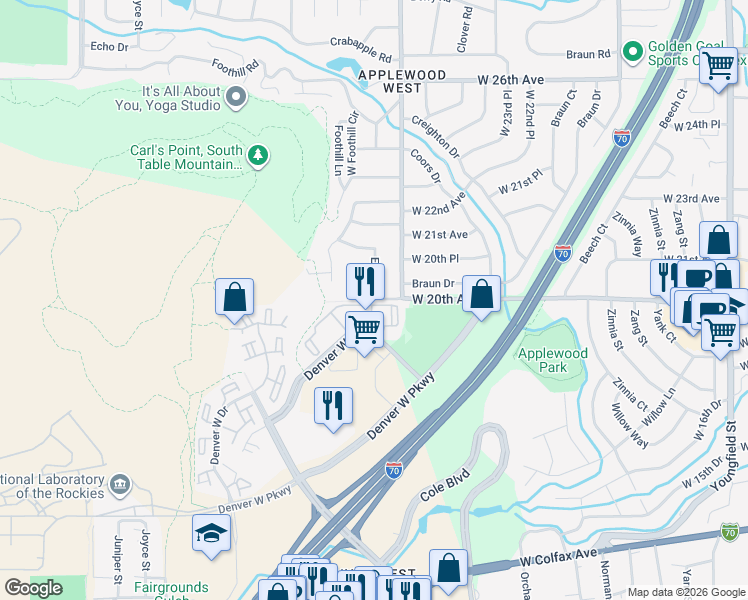 map of restaurants, bars, coffee shops, grocery stores, and more near 14085 Denver West Circle in Lakewood