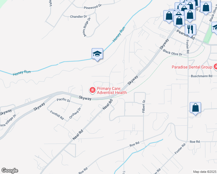 map of restaurants, bars, coffee shops, grocery stores, and more near 5500 Schmale Lane in Paradise