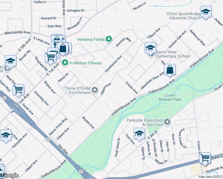 map of restaurants, bars, coffee shops, grocery stores, and more near 656 Vallombrosa Lane in Chico