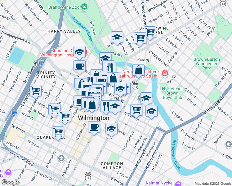 map of restaurants, bars, coffee shops, grocery stores, and more near 1201 North King Street in Wilmington