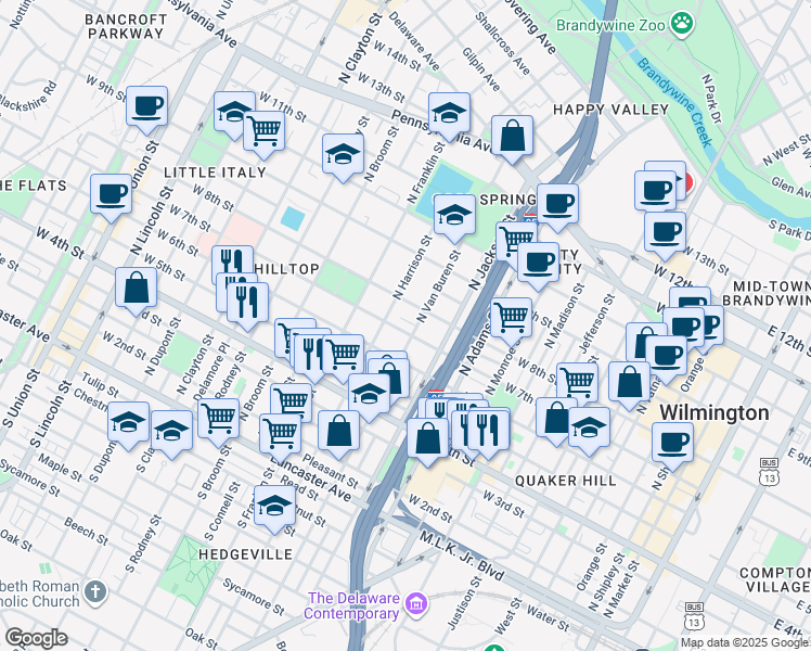 map of restaurants, bars, coffee shops, grocery stores, and more near 1102 West 7th Street in Wilmington