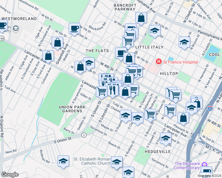 map of restaurants, bars, coffee shops, grocery stores, and more near 118 Delaware 2 in Wilmington
