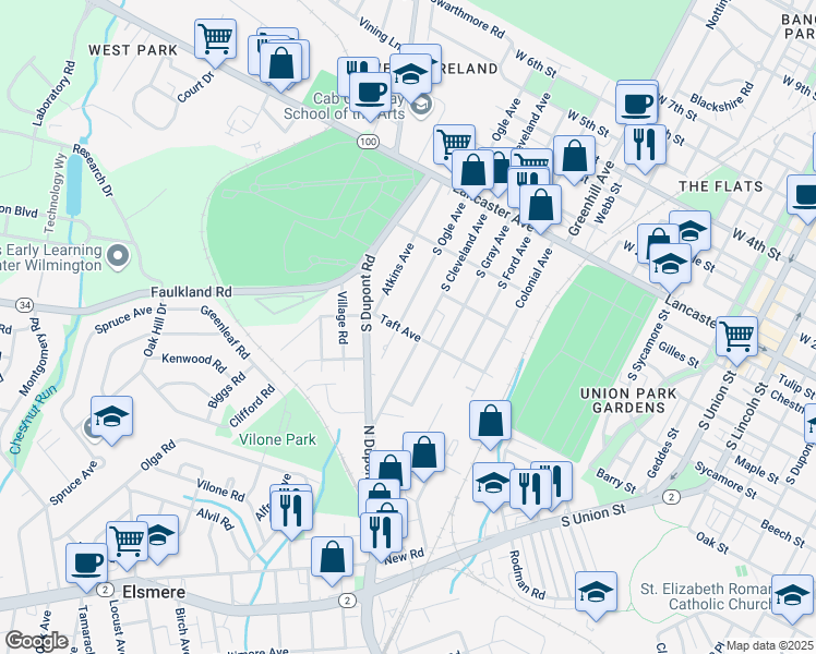 map of restaurants, bars, coffee shops, grocery stores, and more near 301 South Cleveland Avenue in Wilmington