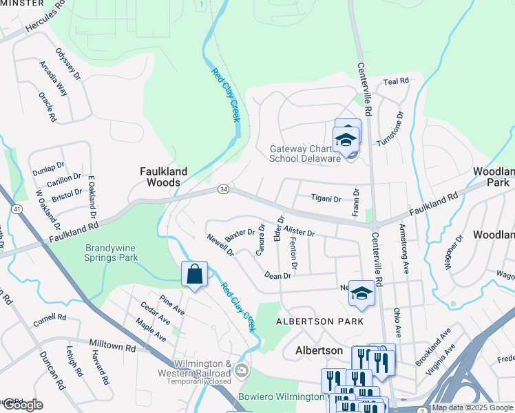 map of restaurants, bars, coffee shops, grocery stores, and more near 2512 Alister Drive in Wilmington