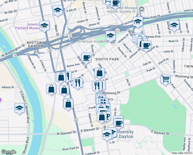 map of restaurants, bars, coffee shops, grocery stores, and more near 852 Brown Street in Dayton
