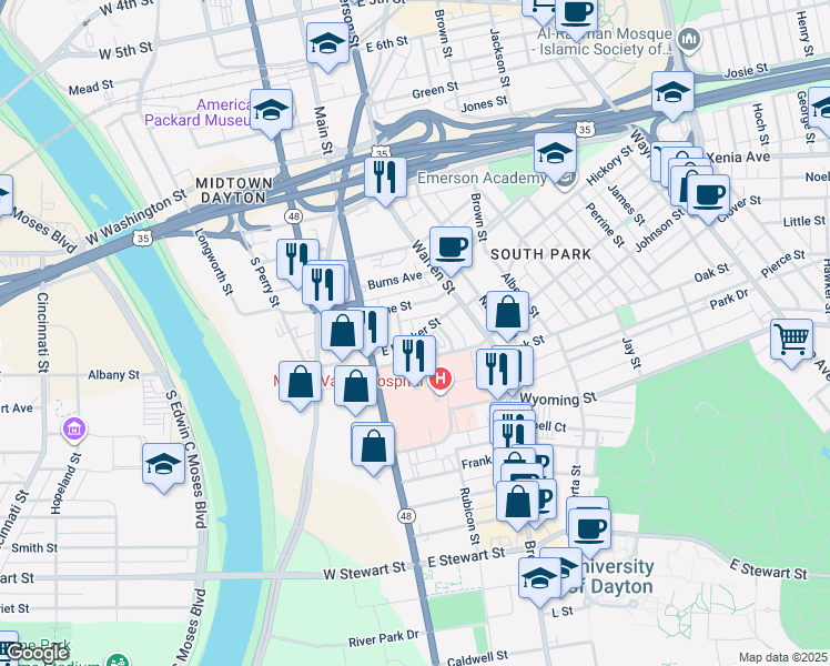 map of restaurants, bars, coffee shops, grocery stores, and more near 199 East Apple Street in Dayton