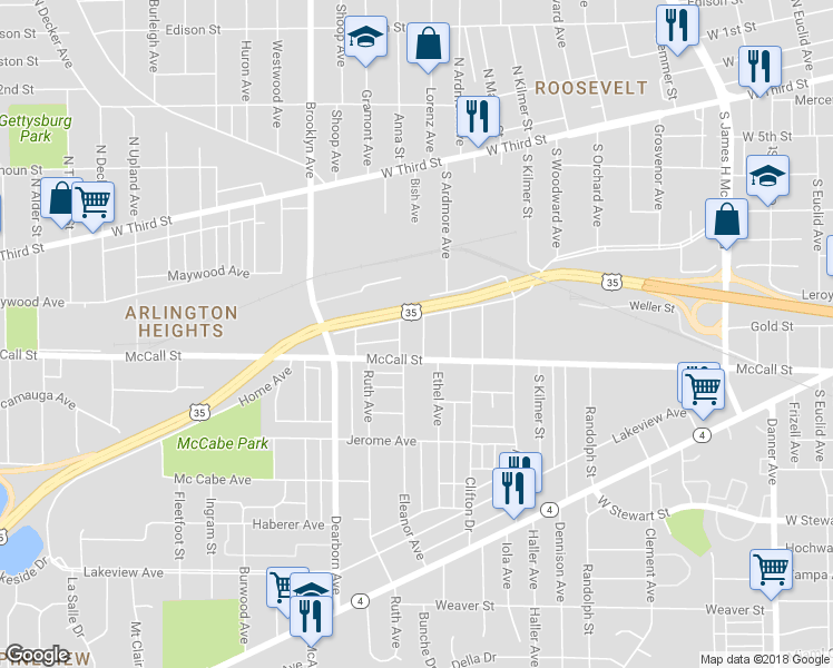 map of restaurants, bars, coffee shops, grocery stores, and more near 328 Ethel Avenue in Dayton