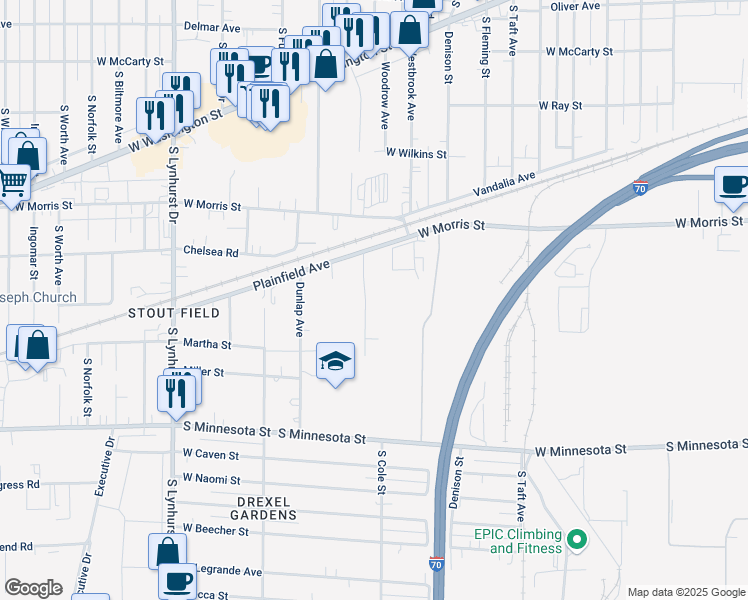 map of restaurants, bars, coffee shops, grocery stores, and more near 1401 Phillips Drive in Indianapolis