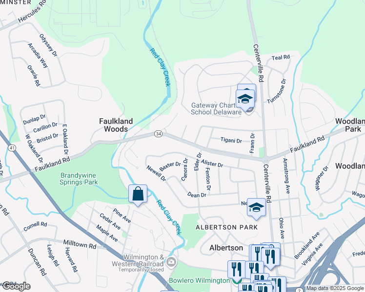 map of restaurants, bars, coffee shops, grocery stores, and more near 2512 Alister Drive in Wilmington