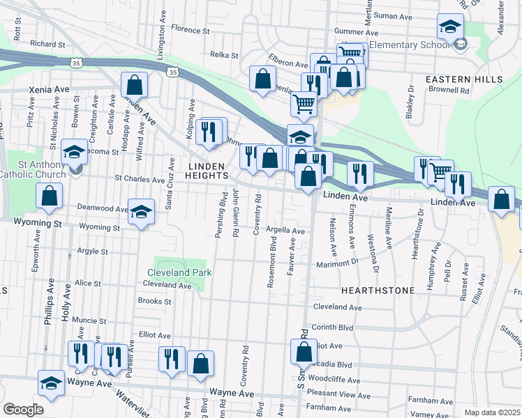 map of restaurants, bars, coffee shops, grocery stores, and more near 1442 Coventry Road in Dayton