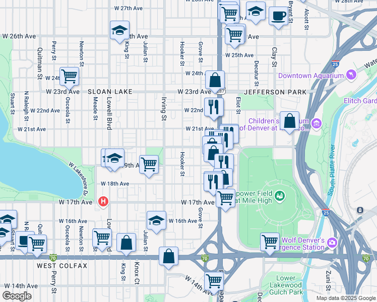 map of restaurants, bars, coffee shops, grocery stores, and more near 1915 Hooker Street in Denver