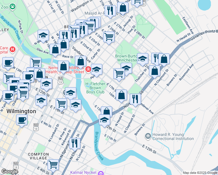 map of restaurants, bars, coffee shops, grocery stores, and more near 808 East 17th Street in Wilmington