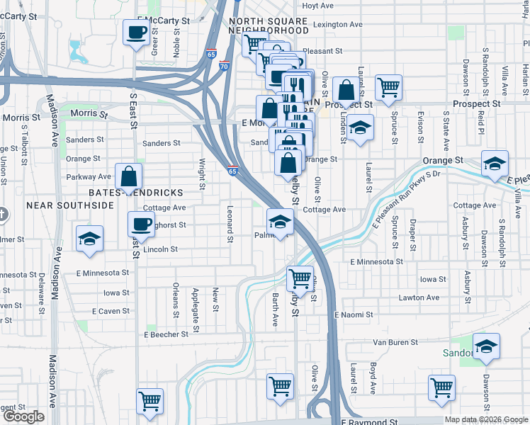 map of restaurants, bars, coffee shops, grocery stores, and more near 1535 Ringgold Avenue in Indianapolis