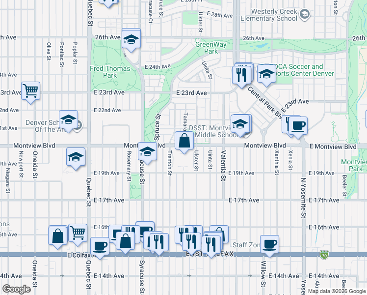 map of restaurants, bars, coffee shops, grocery stores, and more near 1955 Ulster Street in Denver