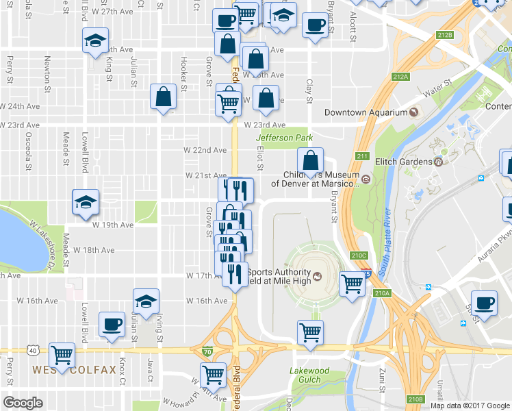map of restaurants, bars, coffee shops, grocery stores, and more near 1941 Eliot Street in Denver
