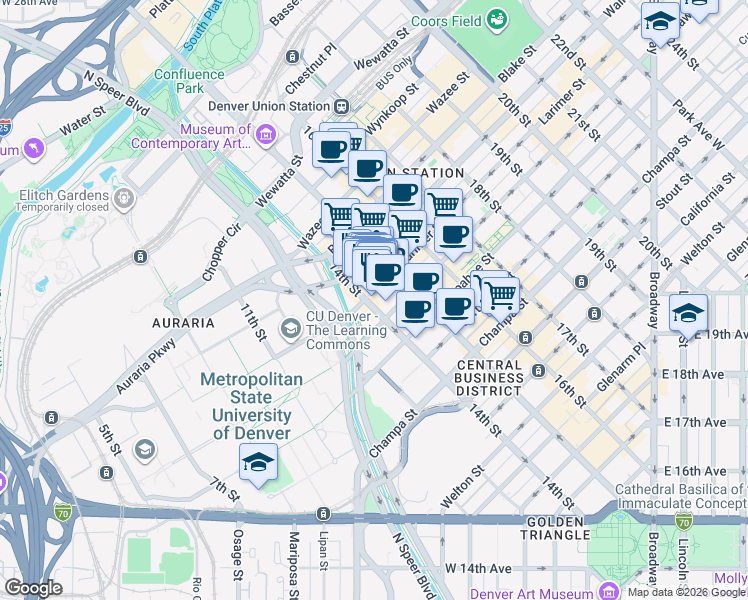 map of restaurants, bars, coffee shops, grocery stores, and more near 1392 Larimer Street in Denver